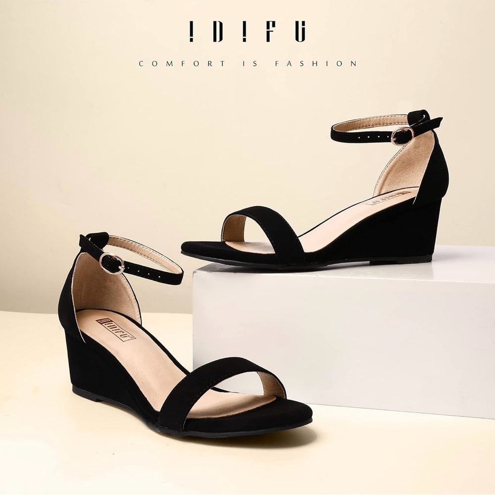 IDIFU Black Wedge Sandals Elegant Suede Design NWB